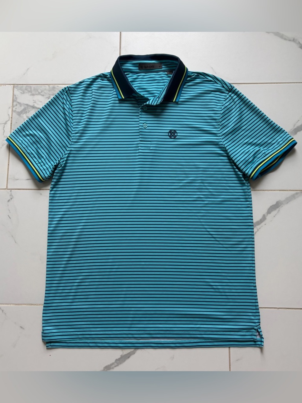 G/FORE Blue Striped Performance Polo with Navy Trim